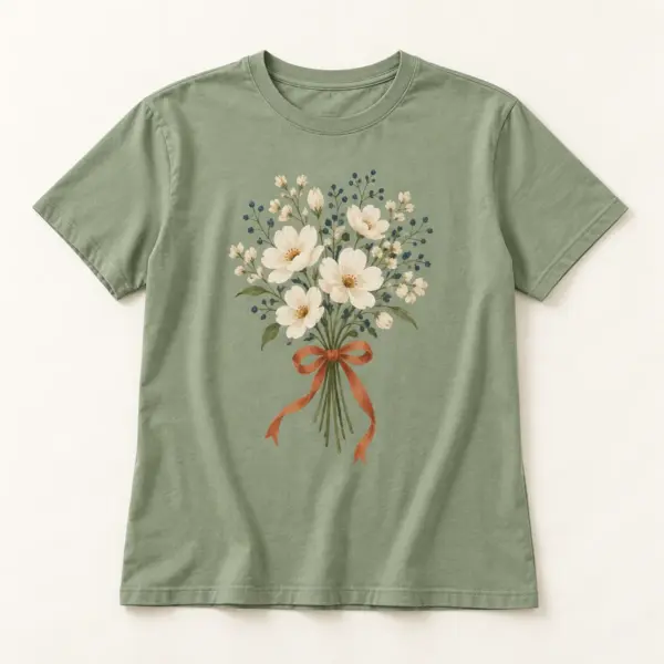 Main mockup of a sage crew neck T-shirt in the Garden Gathering design