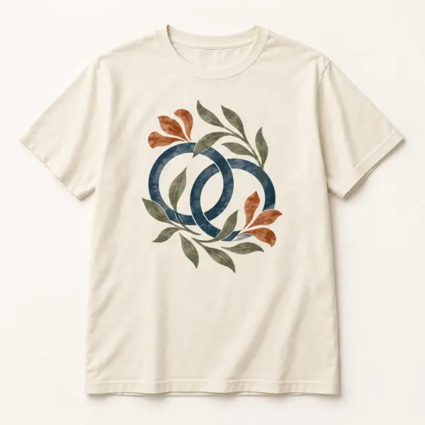 Main mockup of a cream crew neck T-shirt in the Wedding Weekend Rings design