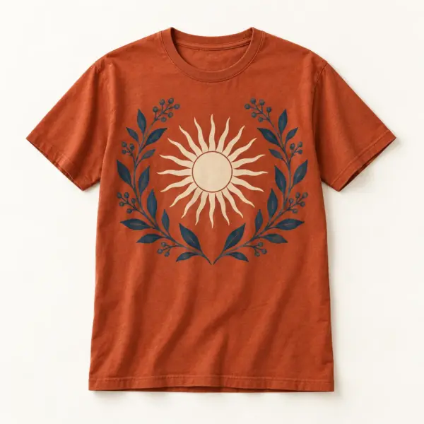 Main mockup of a rust crew neck T-shirt in the Celebration Sun Garden design