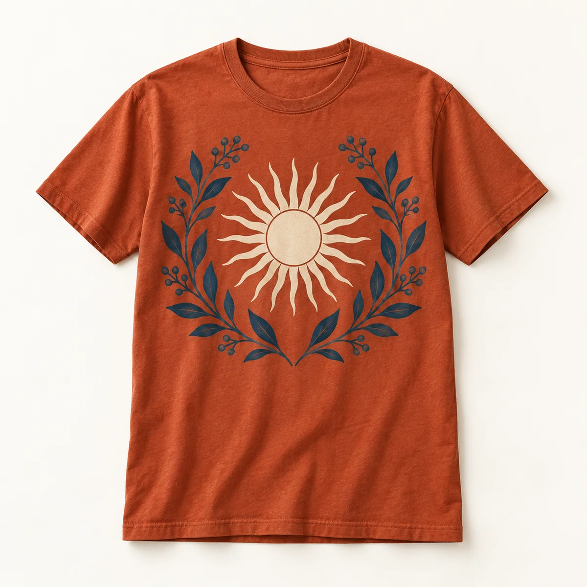Main mockup of a rust crew neck T-shirt in the Celebration Sun Garden design